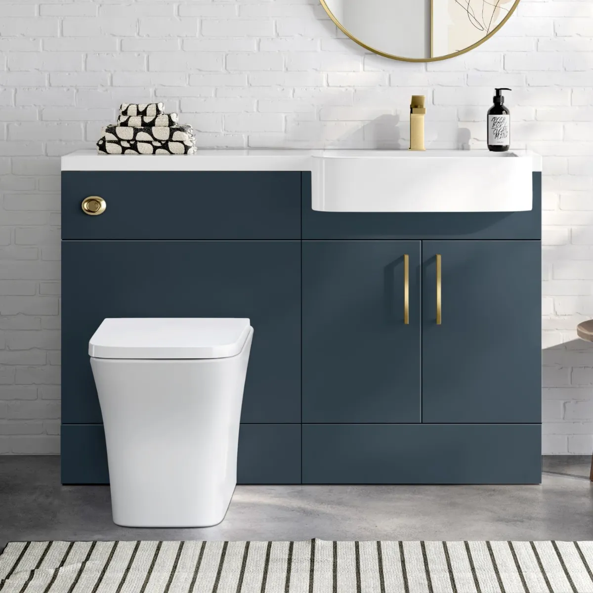 Harper Navy Blue Combination Vanity Basin and Houston Toilet 1200mm - Brushed Brass Accents - Right Handed