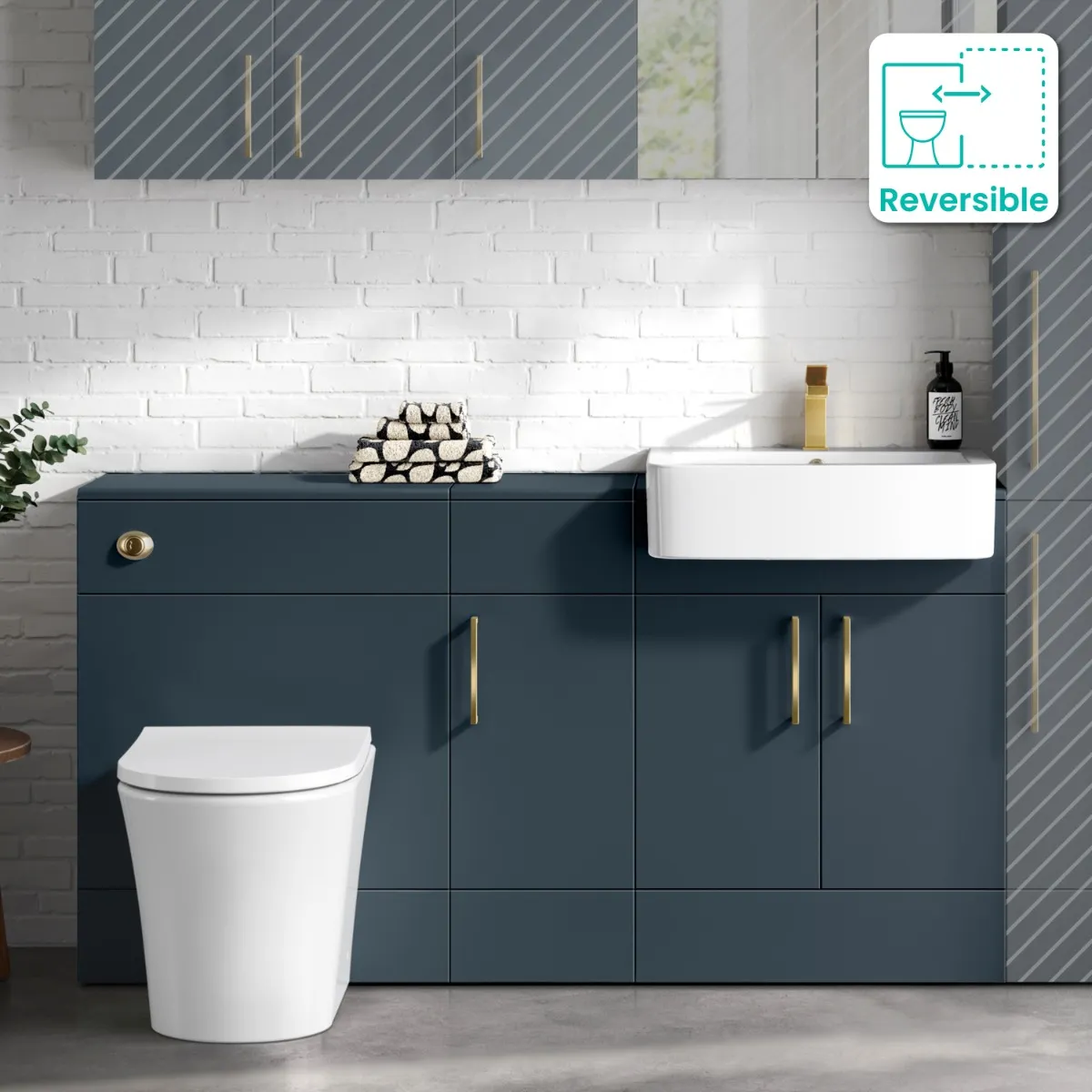 Harper Navy Blue Combination Vanity Basin and Tucson Toilet 1500mm - Brushed Brass Accents