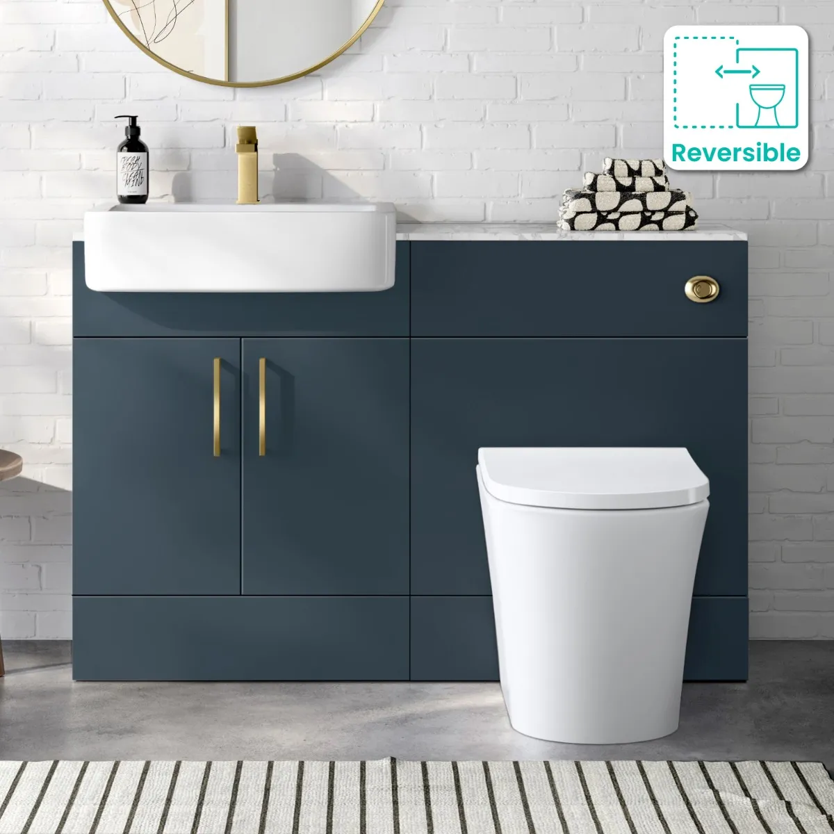 Harper Navy Blue Combination Vanity Basin with Marble Top & Tucson Toilet 1200mm - Brushed Brass Accents