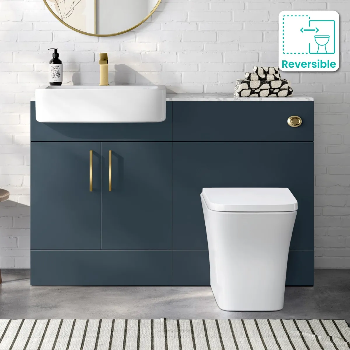 Harper Navy Blue Combination Vanity Basin with Marble Top & Houston Toilet 1200mm - Brushed Brass Accents