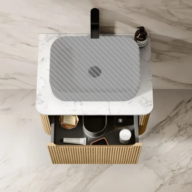 Sorrento Fluted Country Oak Wall Hung Drawer Vanity with Marble Top 600mm - Excludes Counter Top Basin