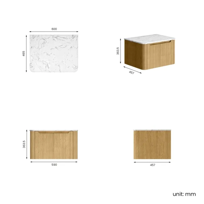 Sorrento Fluted Country Oak Wall Hung Drawer Vanity with Marble Top 600mm - Excludes Counter Top Basin