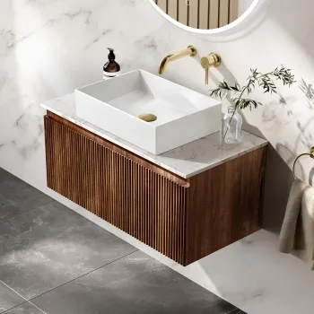 Malta Fluted Black Walnut Wall Hung Drawer Vanity with Marble Top & Cody Basin 800mm