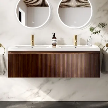 Malta Fluted Black Walnut Wall Hung Double Basin Drawer Vanity 1200mm
