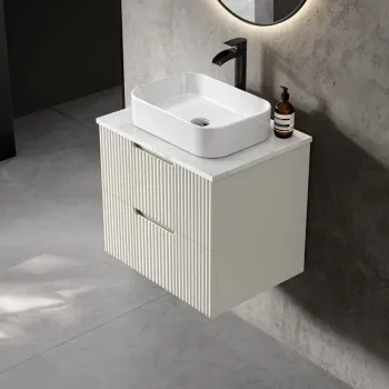 Crete Fluted Linen White Wall Hung Drawer Vanity with Marble Top & Marin Basin 600mm
