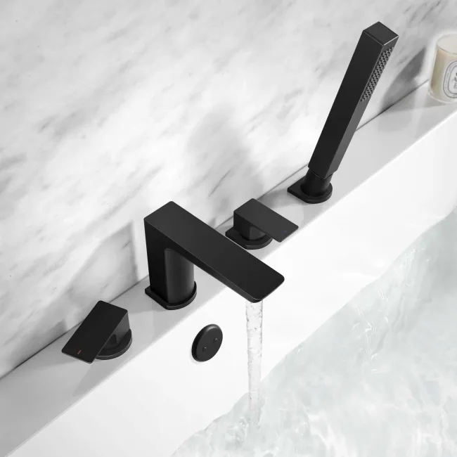Ribble Matt Black Deck Mounted 4TH Bath Shower Mixer Tap & Handheld Shower