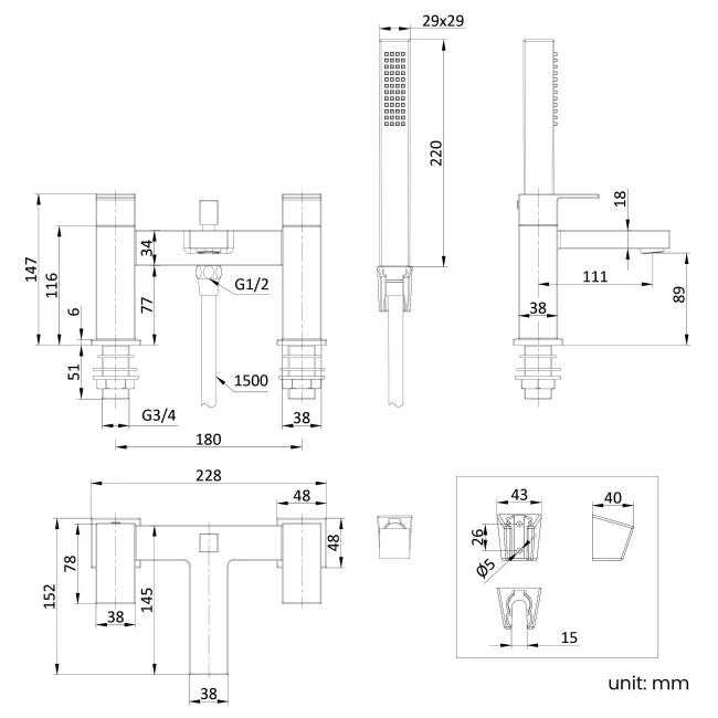 Tamar Matt Black Bath Filler & Handheld Shower