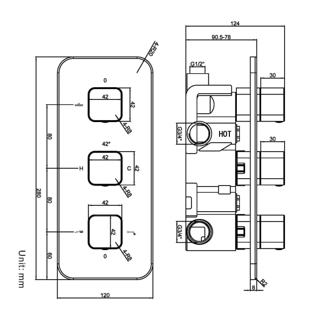 Galway Premium Chrome Square Thermostatic Shower Valve - 3 Outlets