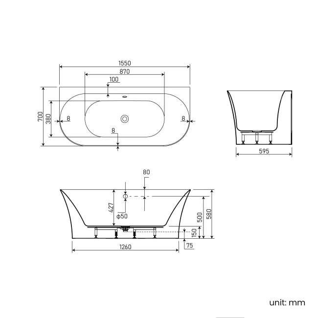 Camden 1550mm Curved Back To Wall Bath