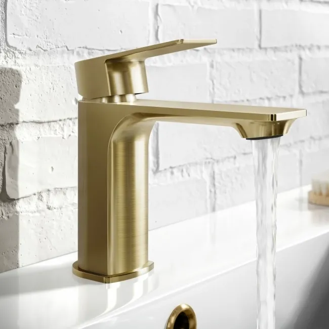 Lune Brushed Brass Basin & Shower Bath Mixer Tap Set