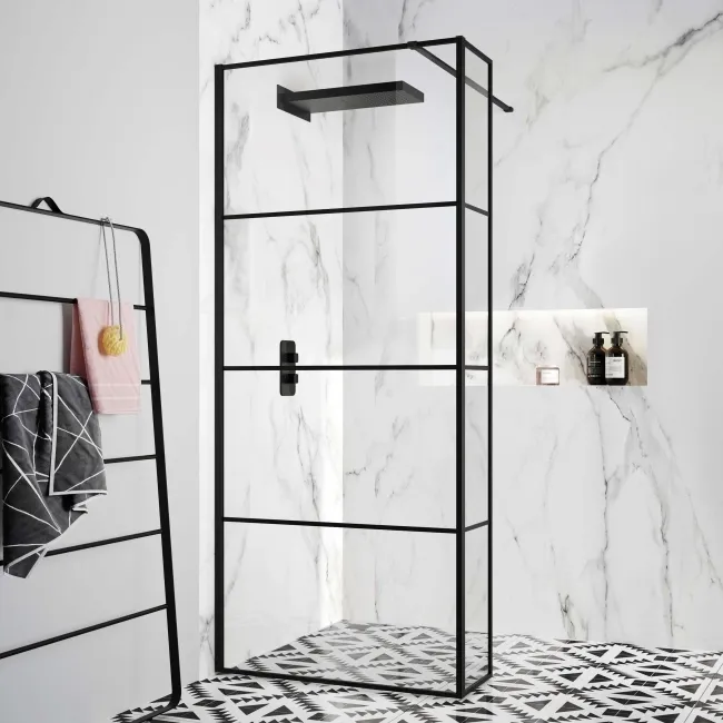 Munich Matt Black Grid 8mm Wet Room Shower Glass 800mm & 250mm Return Panel