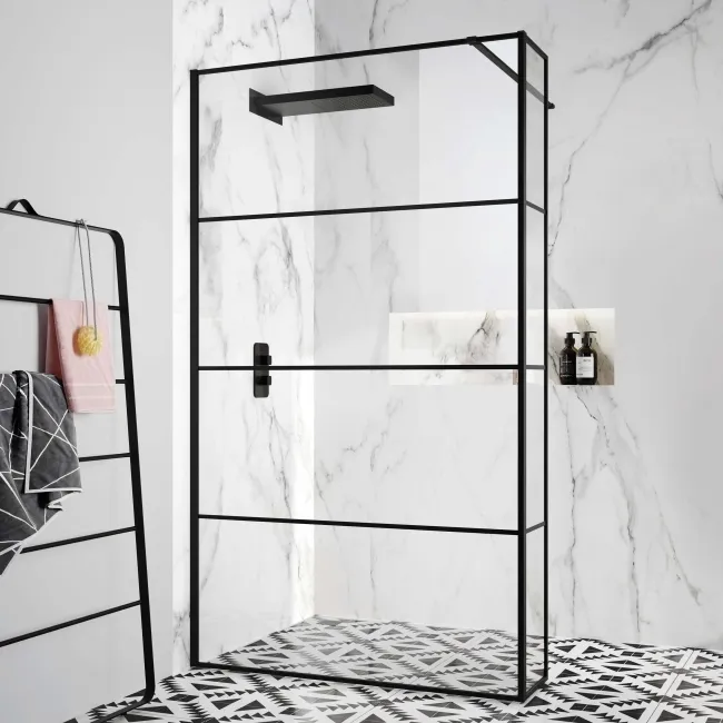 Munich Matt Black Grid 8mm Wet Room Shower Glass 1200mm & 250mm Return Panel
