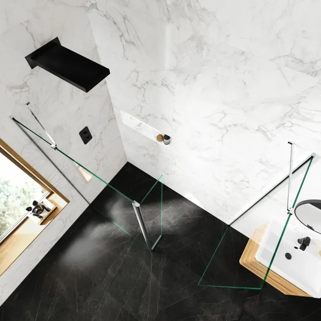 Copenhagen Easy Clean 8mm Walk In Shower Enclosure 1100mm & 900mm Glass with Pivotal Return Panel