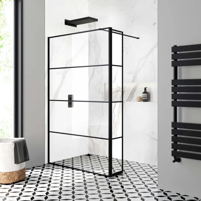 Munich Matt Black Grid 8mm Wet Room Shower Glass 1200mm & 250mm Pivotal Return Panel