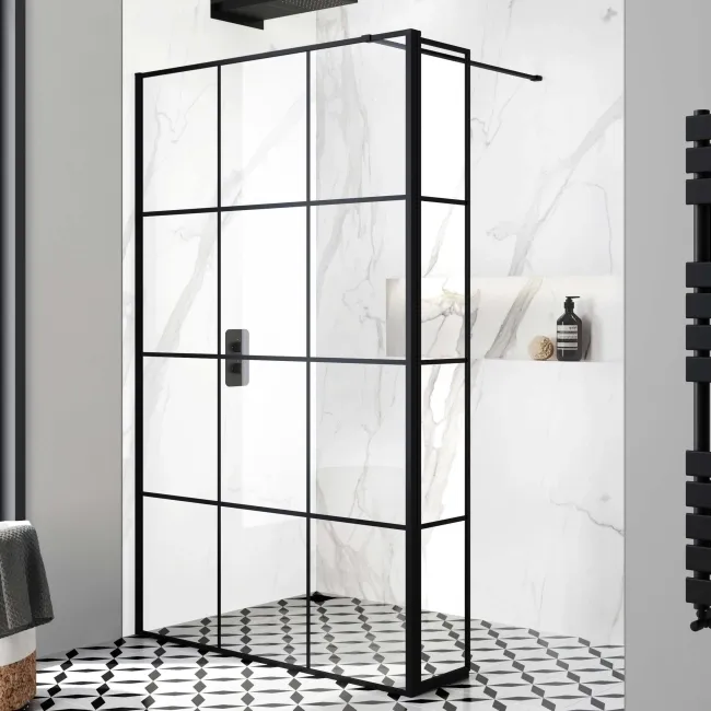 Munich Matt Black Grid 8mm Wet Room Shower Glass 1200mm & 250mm Pivotal Return Panel