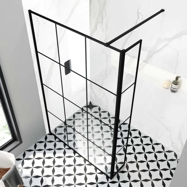 Munich Matt Black Grid 8mm Wet Room Shower Glass 1200mm & 250mm Pivotal Return Panel