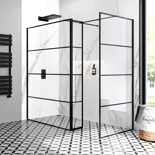 Munich Matt Black Grid 8mm Walk In Shower Enclosure 1400mm & 900mm Glass with Pivotal Return Panel