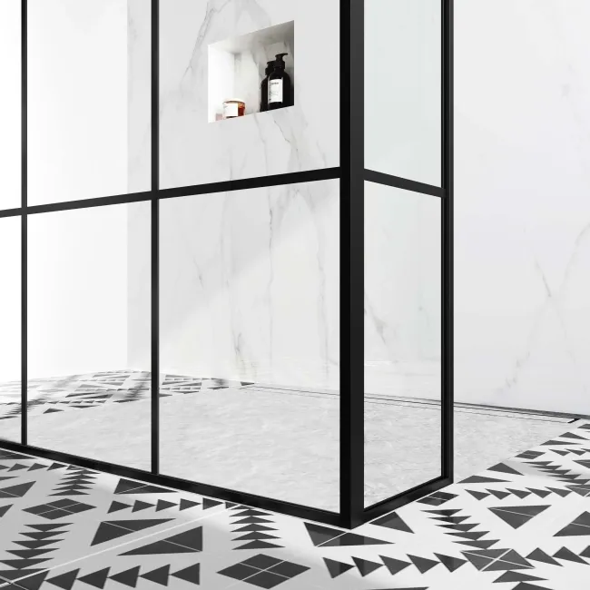 Munich Matt Black Grid 8mm Walk Through Wet Room Shower Glass Panel 1400mm & 250mm Return Panel