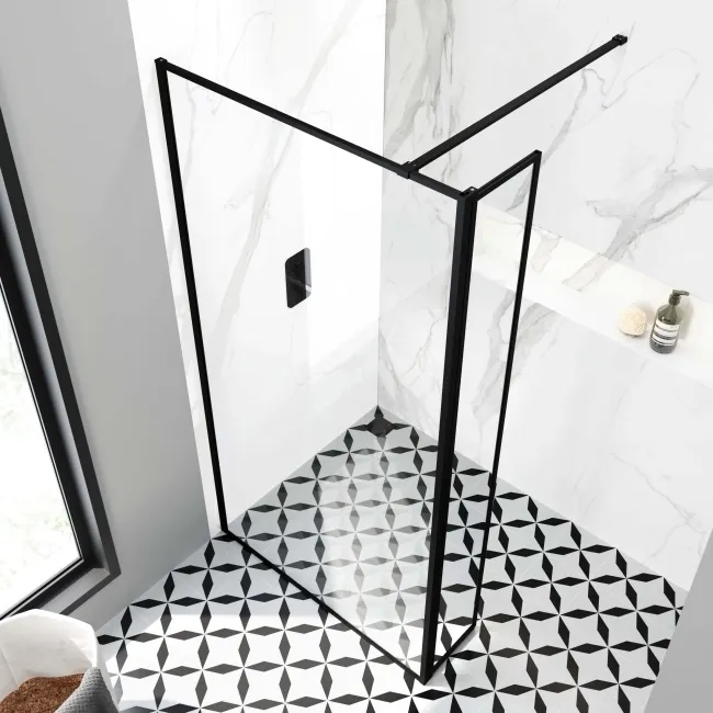 Munich Matt Black Framed 8mm Wet Room Shower Glass 1000mm & 250mm Pivotal Return Panel