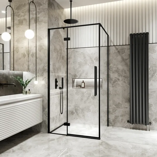 Helsinki Matt Black Premium Easy Clean 8mm Hinged Shower Enclosure 1100x900mm