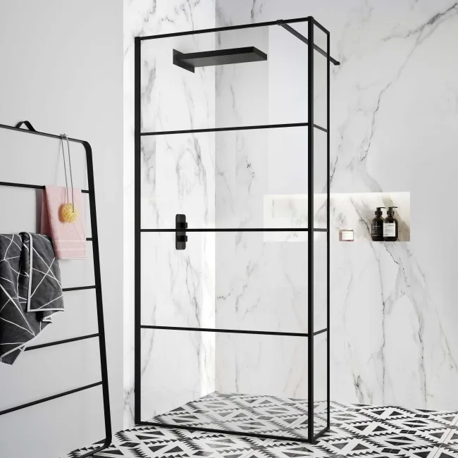 Munich Matt Black Grid 8mm Wet Room Shower Glass 1100mm & 250mm Return Panel