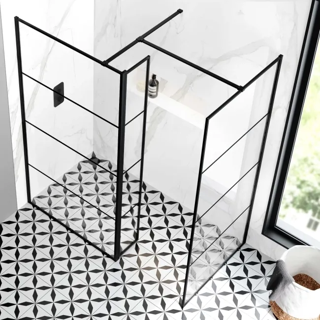 Munich Matt Black Grid 8mm Walk In Shower Enclosure 1100mm & 900mm Glass with Pivotal Return Panel