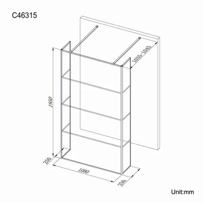 Munich Matt Black Grid 8mm Walk Through Wet Room Shower Glass Panel 1100mm & 250mm Return Panel