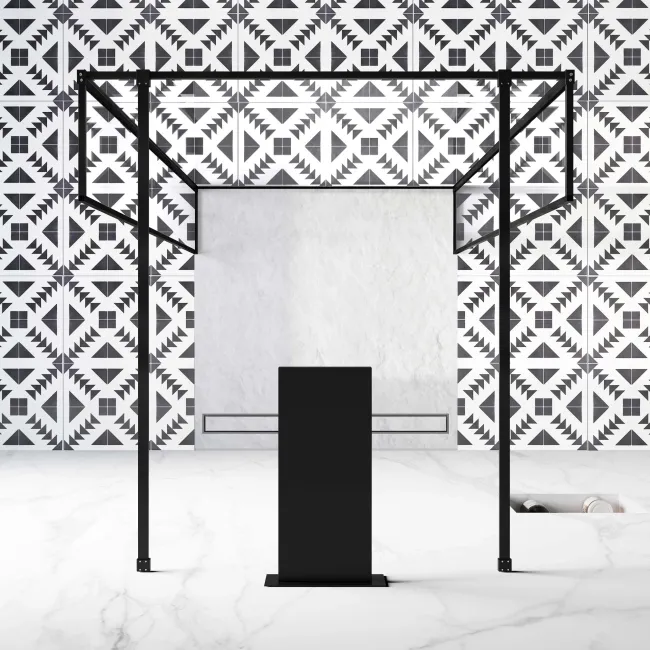 Munich Matt Black Framed 8mm Walk Through Wet Room Shower Glass Panel 1100mm & 250mm Return Panel