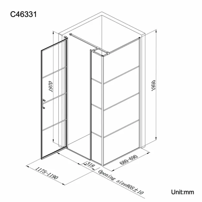 Toulon Matt Black Grid Easy Clean 6mm Pivot Shower Enclosure 1200x700mm
