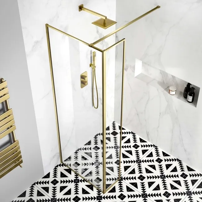 Munich Brushed Brass Framed 8mm Wet Room Shower Glass 900mm & 250mm Return Panel