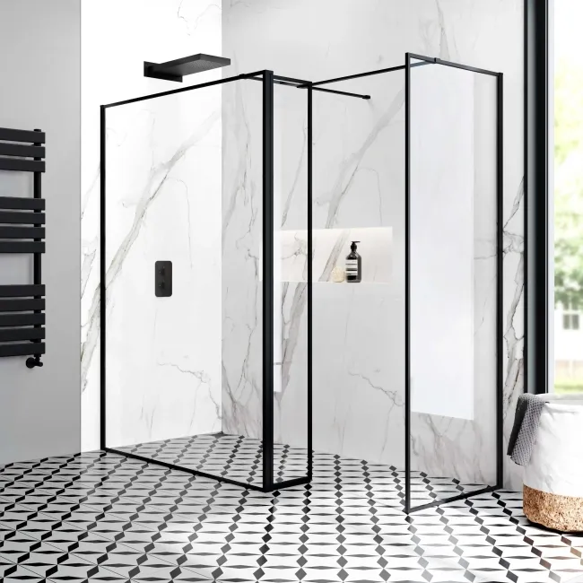 Munich Matt Black Framed 8mm Walk In Shower Enclosure 1400mm & 700mm Glass with Pivotal Return Panel