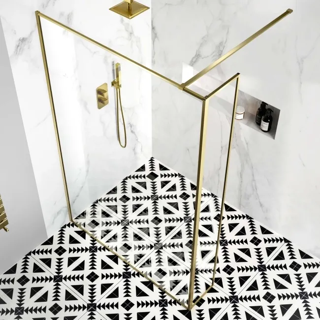 Munich Brushed Brass Framed 8mm Wet Room Shower Glass 1400mm & 250mm Return Panel