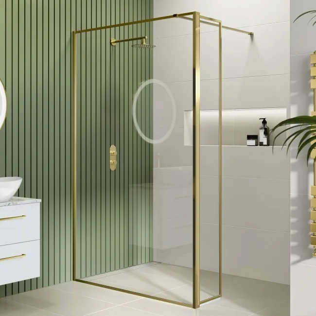 Munich Brushed Brass Framed 8mm Wet Room Shower Glass 1200mm & 250mm Pivotal Return Panel