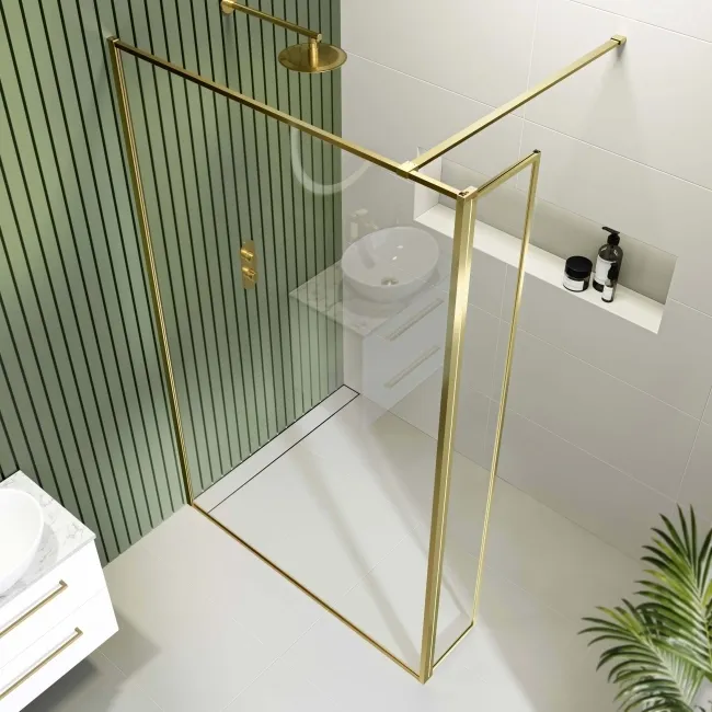 Munich Brushed Brass Framed 8mm Wet Room Shower Glass 1200mm & 250mm Pivotal Return Panel