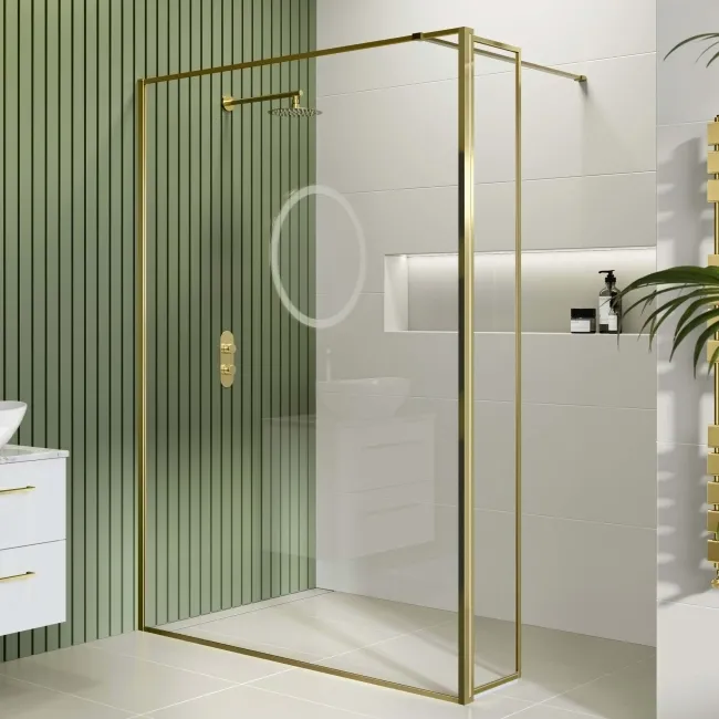 Munich Brushed Brass Framed 8mm Wet Room Shower Glass 1400mm & 250mm Pivotal Return Panel