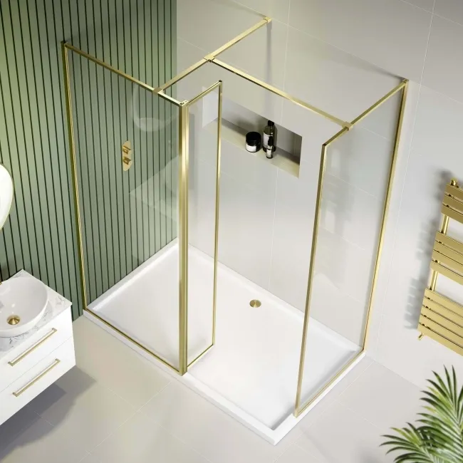 Munich Brushed Brass Framed 8mm Walk In Shower Enclosure 800mm & 800mm Glass with Return Panel