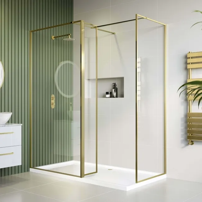 Munich Brushed Brass Framed 8mm Walk In Shower Enclosure 1000mm & 800mm Glass with Return Panel