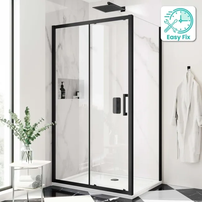 Hamburg Matt Black Easy Clean 8mm Sliding Shower Enclosure 1100x760mm - Easy Fix