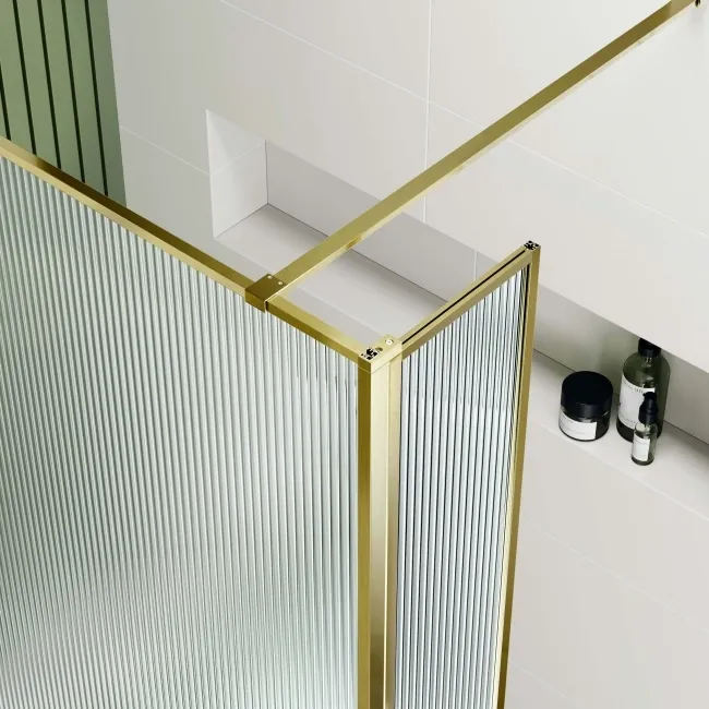 Munich Fluted Effect Brushed Brass 8mm Wet Room Shower Glass 900mm & 250mm Pivotal Return Panel