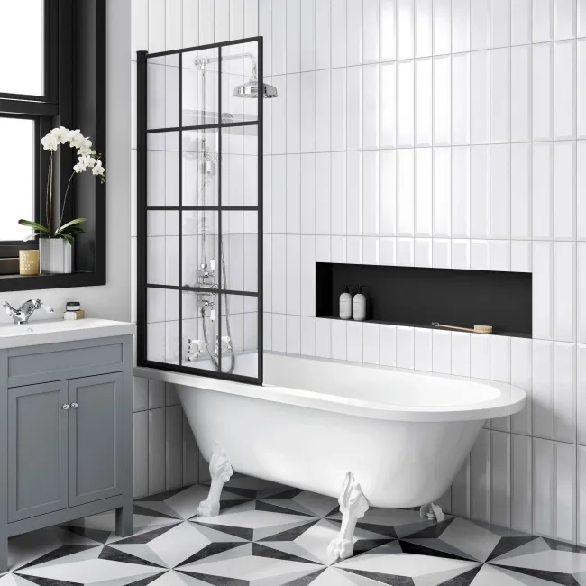 Abingdon 1700 Roll Top Shower Bath - White Claw Feet & 6mm Easy Clean Matt Black Grid Screen