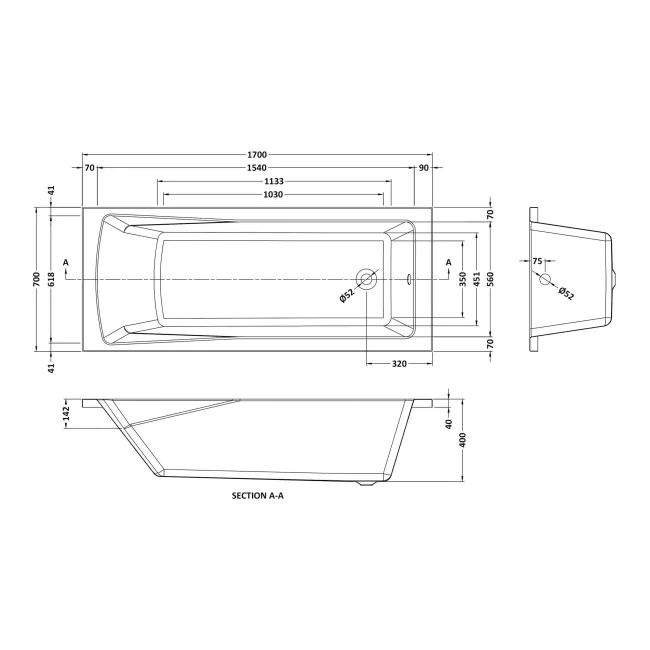 Hereford 1700x700 Square Shower Bath & 6mm Easy Clean Brushed Brass Framed Bath Screen