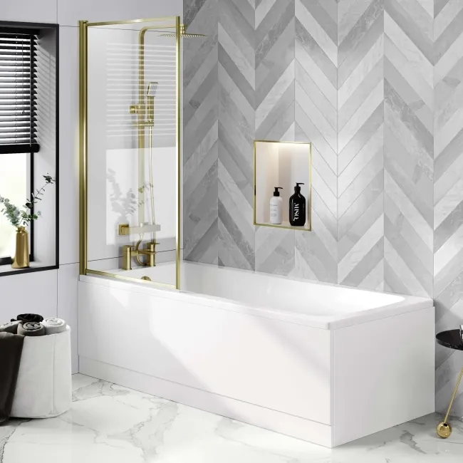 Hereford 1800x800 Square Shower Bath & 6mm Easy Clean Brushed Brass Framed Bath Screen