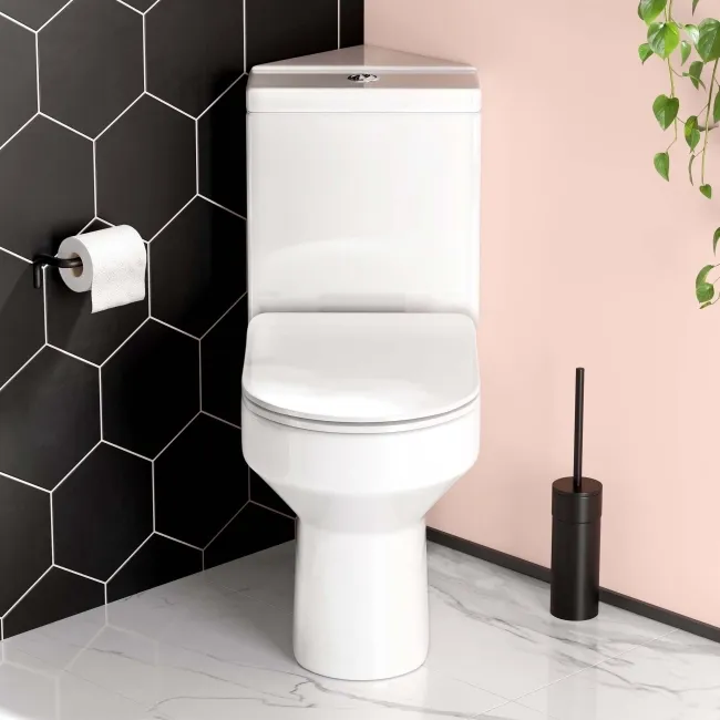 Denver Rimless Fully Back to Wall Close Coupled Corner Toilet With Soft Close Slim Seat