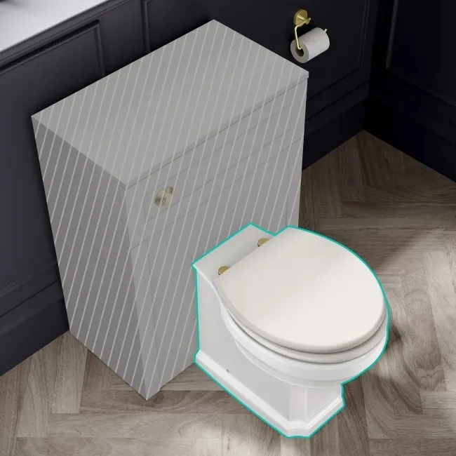 Hudson Traditional Back To Wall Toilet With Cotton White Wooden Seat - Brushed Brass Hinges