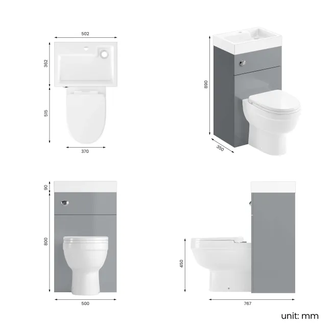 Ohio Stone Grey 2-In-1 Combined Wash Basin & Seattle Toilet 500mm