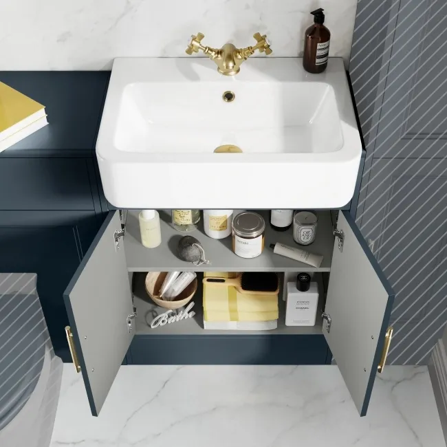 Monaco Inky Blue Basin Vanity and Back To Wall Unit 1200mm (Excludes Pan & Cistern) - Brass Knurled Handles