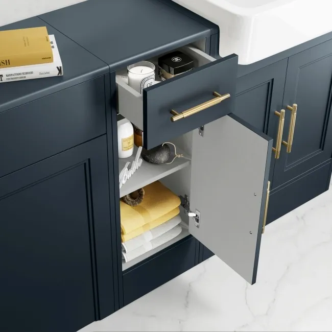Monaco Inky Blue Basin Vanity and Back To Wall Unit 1500mm (Excludes Pan & Cistern) - Brass Knurled Handles