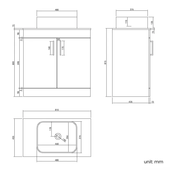 Mersey Gloss White Vanity with Troy Basin 800mm - Black Accents