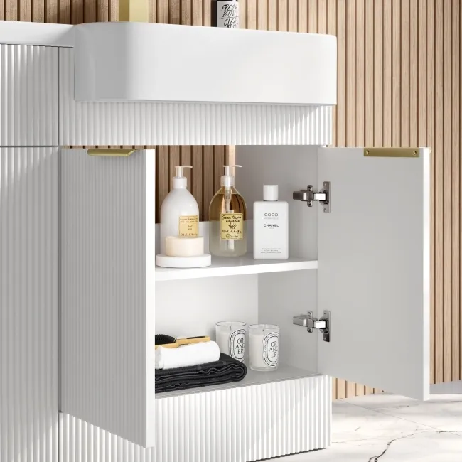 Sicily Fluted Coastal White Basin Vanity and Back To Wall Toilet Unit 1200mm (Excludes Toilet) - Brushed Brass Accents - Right Handed