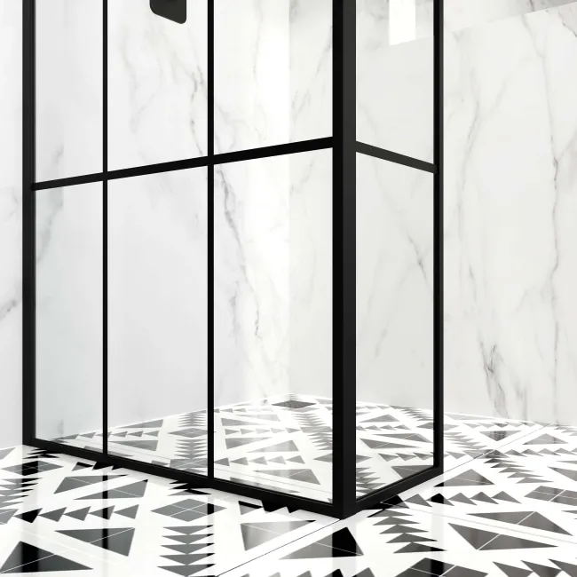 Munich Matt Black Grid 8mm Wet Room Shower Glass 900mm & 250mm Return Panel